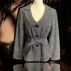 Sandro Sportswear Black & White Boucle Tweed Button-Up Belted Jacket Size Medium